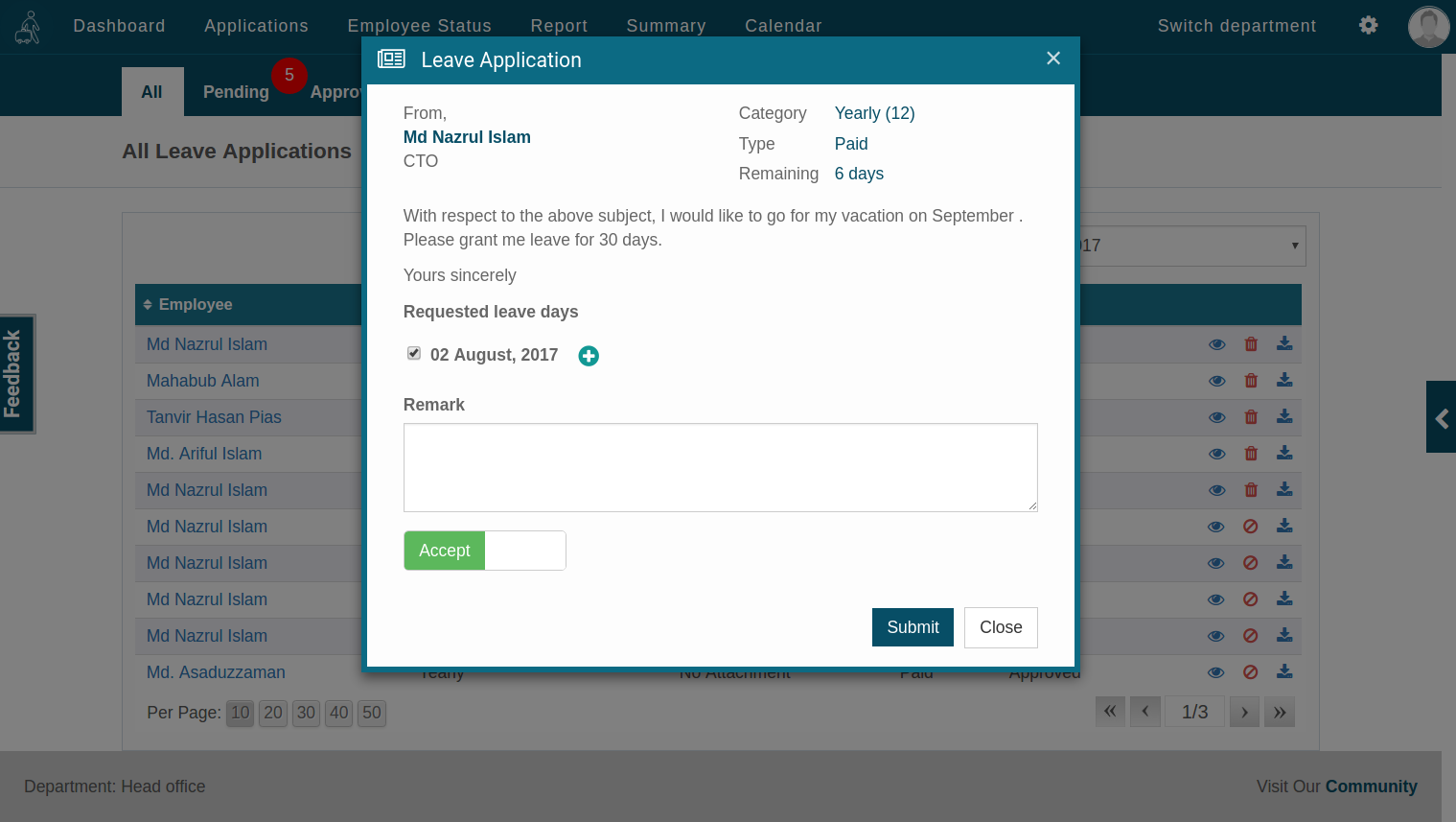 Leave application view